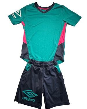 Umbro Youth Soccer Uniform Set Shirt S 6/7 Shorts XS 4/5 Green Pink EUC